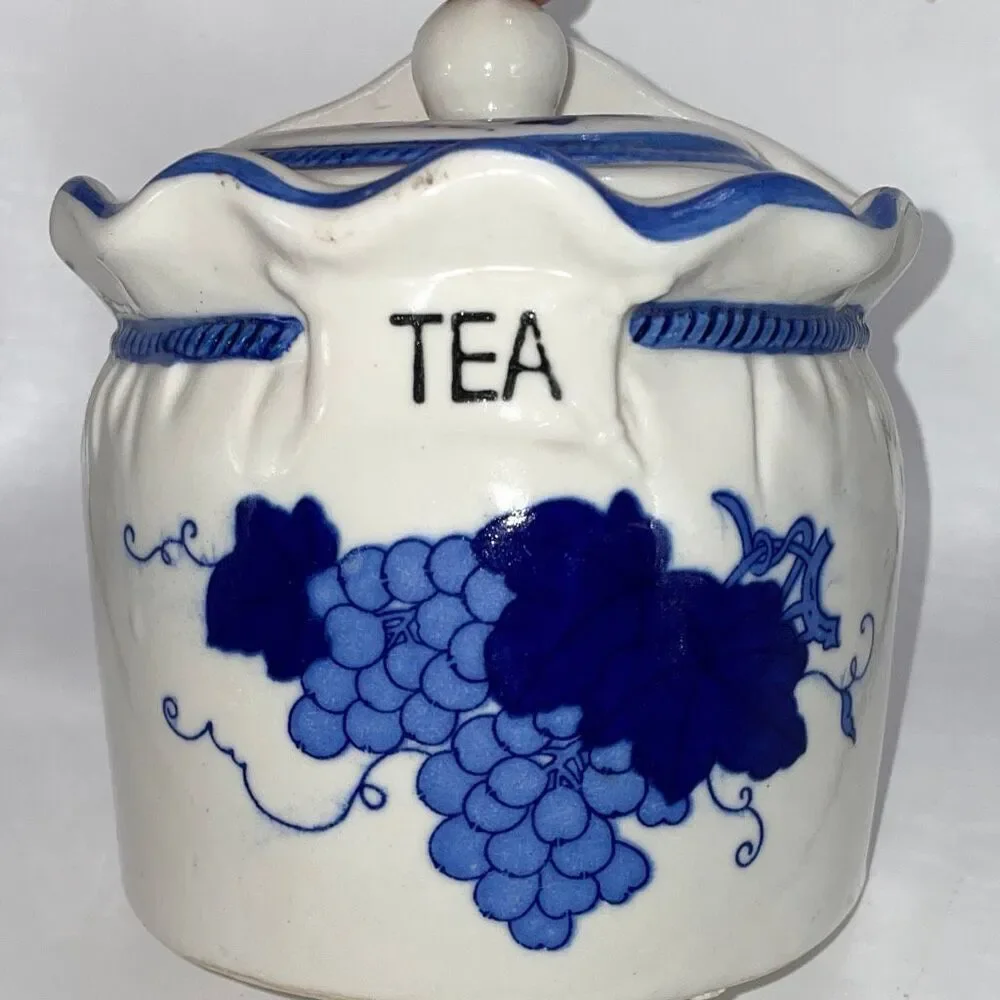 Vintage Tea Jar Hanging Wall Pocket Canister Blue White Ceramic Grape Hand Paint